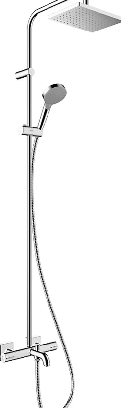 Hansgrohe Colonne de bain/douche thermostatique avec pommeau + douchette 2 jets + flexible + barre réglable, chrome, Vernis Shape