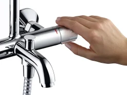 Hansgrohe Colonne de bain/douche thermostatique avec pommeau + douchette 2 jets + flexible + barre réglable, chrome, Vernis Shape