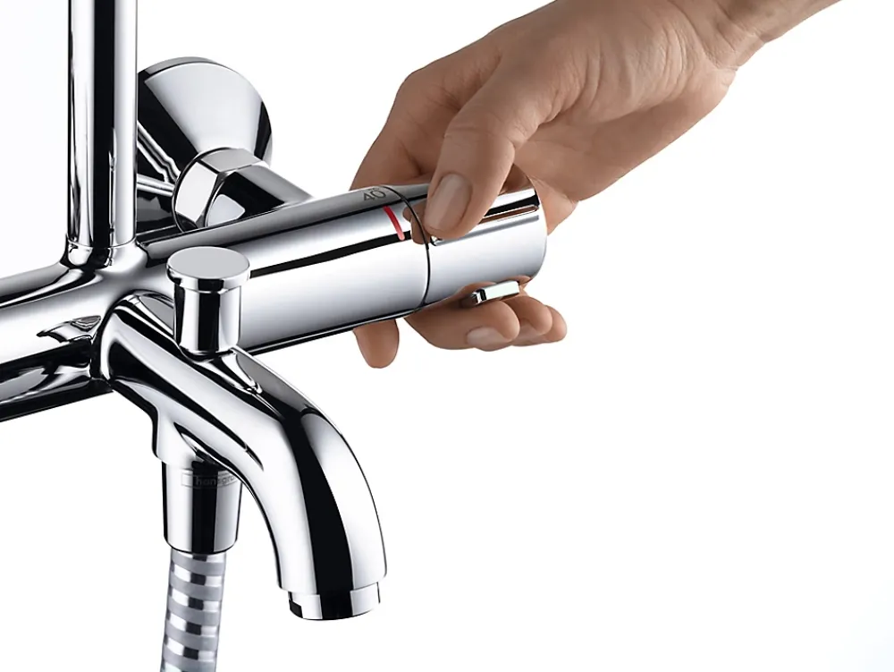 Hansgrohe Colonne de bain/douche thermostatique avec pommeau + douchette 2 jets + flexible + barre réglable, chrome, Vernis Shape