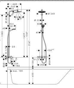 Colonne De Douche Thermostatique|Hansgrohe Colonne de bain/douche thermostatique avec pommeau + douchette 2 jets + flexible + barre réglable, chrome, Showerpipe Crometta S 240