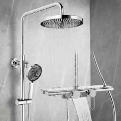 Colonne De Douche Mécanique|Homelody Colonne de Douche Chromée avec Étagère 40 cm, Douchette à Main 5 Modes, Effet Cascade et Rangement Pratique