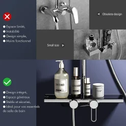 Colonne De Douche Mécanique|Homelody Colonne de Douche Chromée avec Étagère 40 cm, Douchette à Main 5 Modes, Effet Cascade et Rangement Pratique