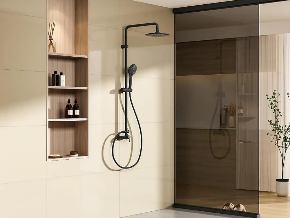 Vente-unique Colonne de douche en acier inoxydable noir mat - 116 cm - AITA