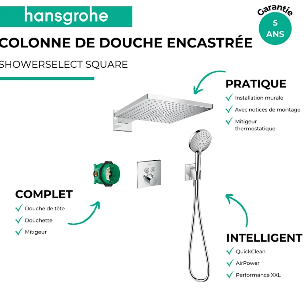 Hansgrohe Colonne de douche encastrée thermostatique ShowerSelect Square chromé