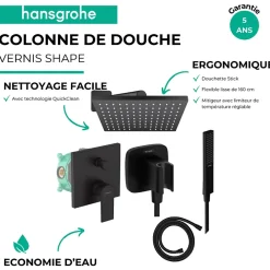 Hansgrohe Colonne de douche encastrée mécanique Vernis Shape Douche de tête Vernis Shape Flexible Isiflex Douchette PulsifyE noir