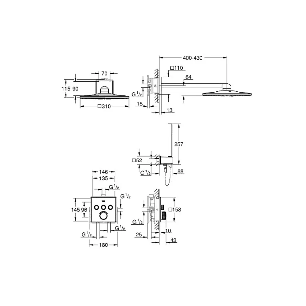 Colonne De Douche Encastrable|Grohe Colonne de douche encastrée thermostatique Grotherm SmartControl Douchette Euphoria Cube chromé