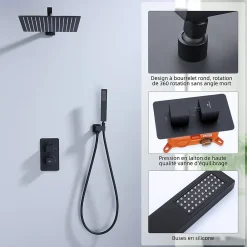 Homelody Colonne de Douche Encastrée Noir Système de Douche Thermostat en Laiton avec Tête de Douche Carrée 30x30CM