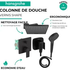 Hansgrohe Colonne de douche encastrée mécanique Vernis Shape Douche de tête Vernis Shape Flexible Isiflex Douchette Vernis noir