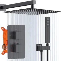 Colonne De Douche Encastrable|Homelody Colonne de Douche Encastrée Noir Système de Douche Thermostat en Laiton avec Tête de Douche Carrée 30x30CM