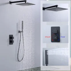 Colonne De Douche Encastrable|Homelody Colonne de Douche Encastrée Noir Système de Douche Thermostat en Laiton avec Tête de Douche Carrée 30x30CM