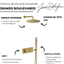 Jacob Delafon Colonne de douche encastrée thermostatique Grands Boulevards laiton brossé