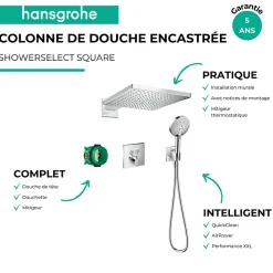 Hansgrohe Colonne de douche encastrée thermostatique ShowerSelect Square chromé + nettoyant Briochin