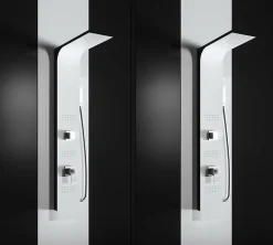 Colonne De Douche Hydromassante|Laneri Colonne de douche hydromassage en aluminium verni en poudre blanche mat (frontal) et noir mat (lateral)