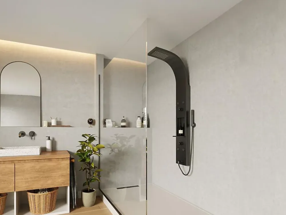 Colonne De Douche Mécanique|Vente-unique Colonne de douche hydromassante avec étagère - Noir mat - 20 x 140 cm - ROANA