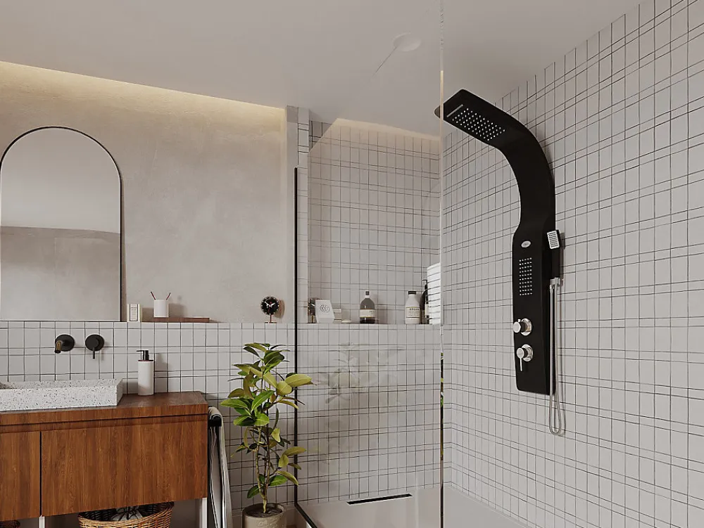 Vente-unique Colonne de douche hydromassante - noire - 20 x 132 cm - KOURBEA