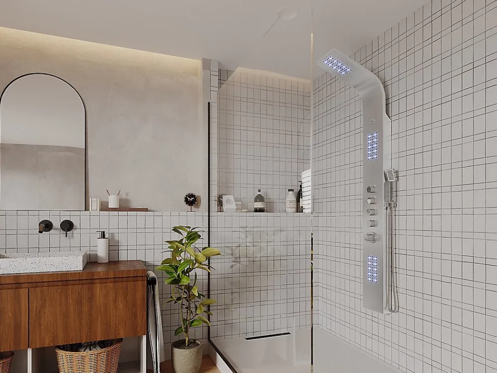 Colonne De Douche Thermostatique|Vente-unique Colonne de douche hydromassante thermostatique à leds - 20 x 165cm - Argent - FELICITA