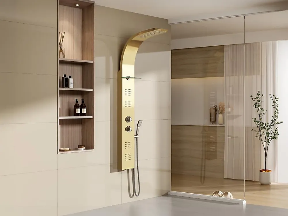 Vente-unique Colonne de douche hydromassante thermostatique - Dorée - 45 x 150 cm - JOSTA