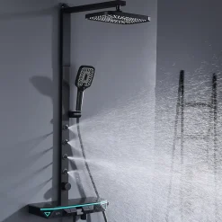Colonne De Douche Thermostatique|Homelody Colonne de Douche Hydromassante Thermostatique Noir avec LED et Affichage Numérique, Ensemble Complet avec Étagère de Rangement
