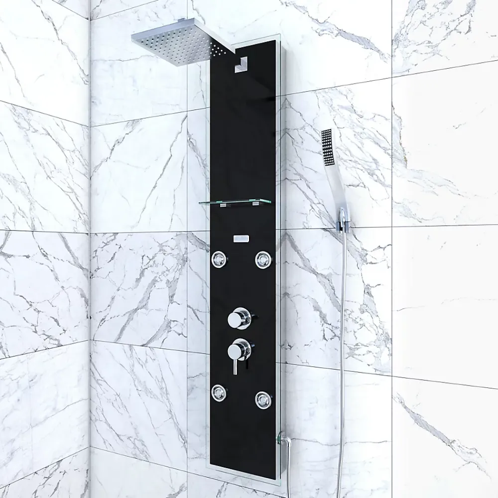 Galedo Colonne de douche hydromassante mécanique avec pommeau + douchette + flexible, noir, Glass