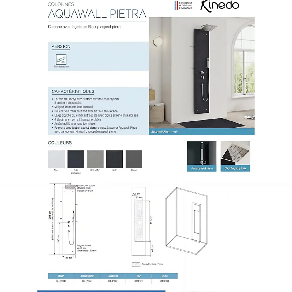 Kinedo Colonne de douche AQUAWALL PIETRA couleur noir équipée thermostatique colonne de douche