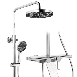 Colonne De Douche Mécanique|Homelody Colonne de Douche Mécanique avec Étagère 40 cm et Cascade Douchette 5 Jets et Jet Pluie Hauteur Réglable 940 a 1200 mm Chromé