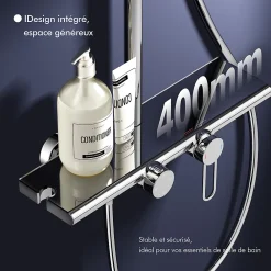 Colonne De Douche Mécanique|Homelody Colonne de Douche Mécanique avec Étagère 40 cm et Cascade Douchette 5 Jets et Jet Pluie Hauteur Réglable 940 a 1200 mm Chromé