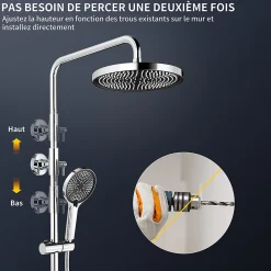 Colonne De Douche Mécanique|Homelody Colonne de Douche Mécanique avec Étagère 40 cm et Cascade Douchette 5 Jets et Jet Pluie Hauteur Réglable 940 a 1200 mm Chromé