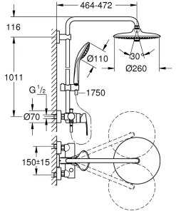 Grohe Colonne de douche mécanique avec pommeau + douchette 3 jets + flexible + barre réglable, chrome, Vitalio Joy System 260