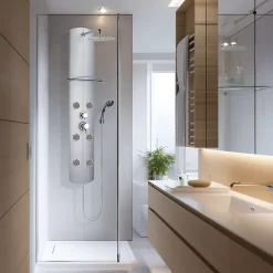 Valentin Colonne de douche mécanique hydromassante 6 buses avec tablette, pomme de tête, douchette 3 jets et flexible, gris, Totem Alu