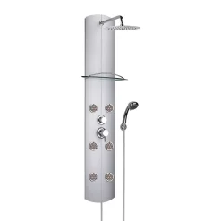 Valentin Colonne de douche mécanique hydromassante 6 buses avec tablette, pomme de tête, douchette 3 jets et flexible, gris, Totem Alu