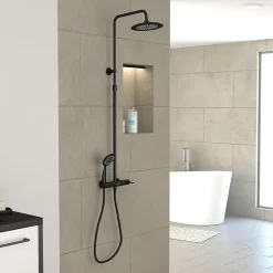 Galedo Colonne de douche mécanique avec pommeau + douchette 2 jets + flexible + barre réglable, noir mat, Arty