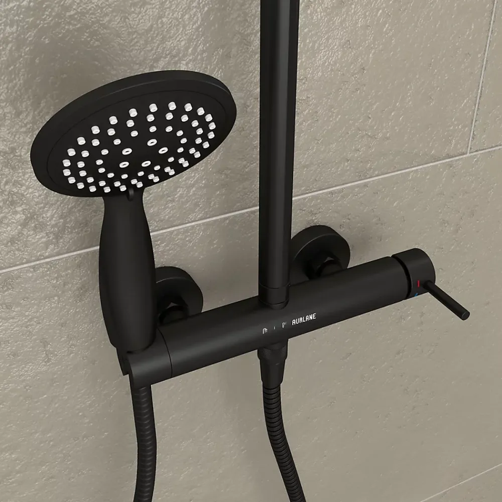 Galedo Colonne de douche mécanique avec pommeau + douchette 2 jets + flexible + barre réglable, noir mat, Arty