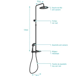 Galedo Colonne de douche mécanique avec pommeau + douchette 2 jets + flexible + barre réglable, noir mat, Arty