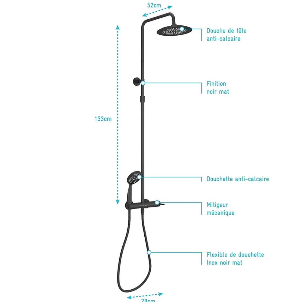 Galedo Colonne de douche mécanique avec pommeau + douchette 2 jets + flexible + barre réglable, noir mat, Arty