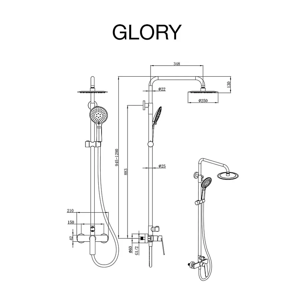 Poalgi Colonne de douche mécanique avec barre extensible SKY BATH noir cristal PVD série GLORY
