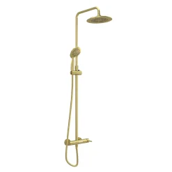 Galedo Colonne de douche mécanique avec pommeau + douchette 2 jets + flexible + barre réglable, doré brossé, Arty