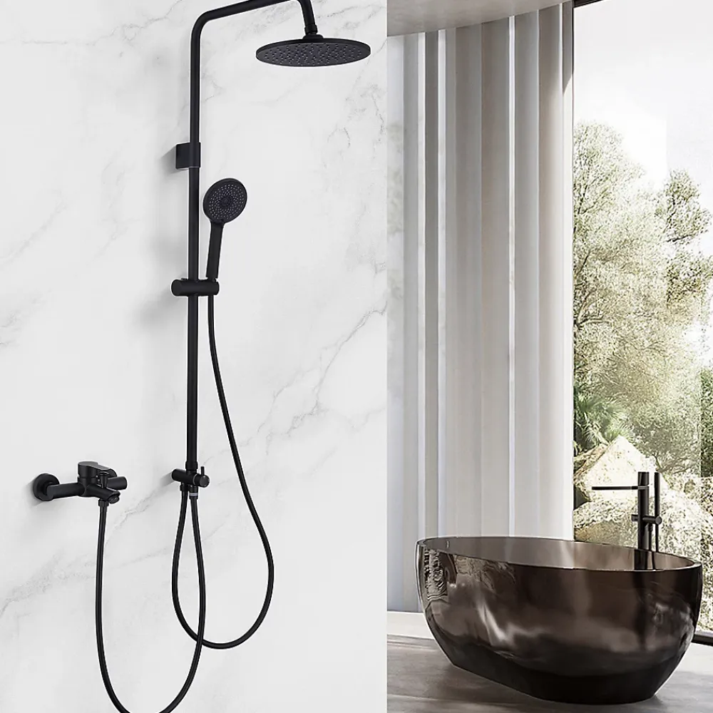 Homelody Colonne de Douche Mecanique avec Mitigeur 2 Fonctions Jet Pluie Douchette a Main Hauteur Reglable 839 a 1164 mm Inox Noir