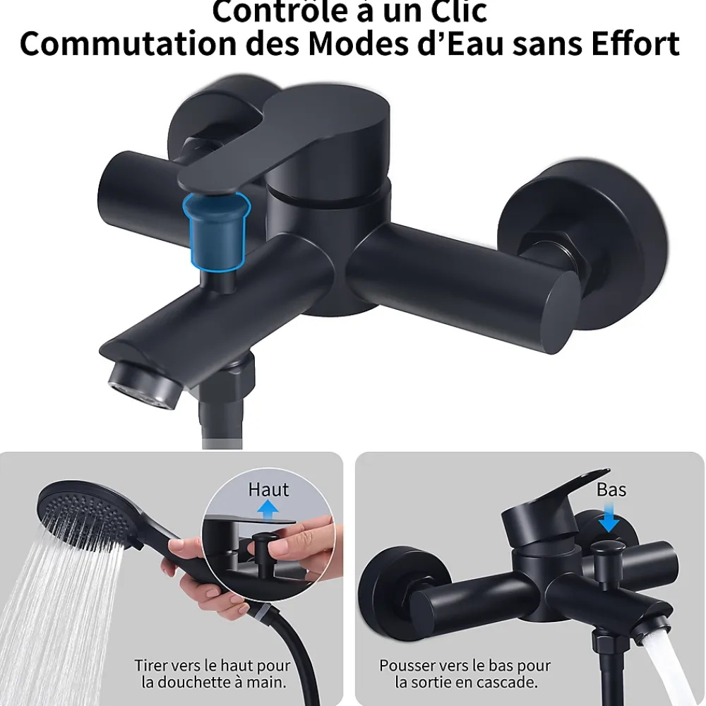 Homelody Colonne de Douche Mecanique avec Mitigeur 2 Fonctions Jet Pluie Douchette a Main Hauteur Reglable 839 a 1164 mm Inox Noir
