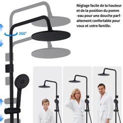 Homelody Colonne de Douche Mecanique avec Mitigeur 2 Fonctions Jet Pluie Douchette a Main Hauteur Reglable 839 a 1164 mm Inox Noir