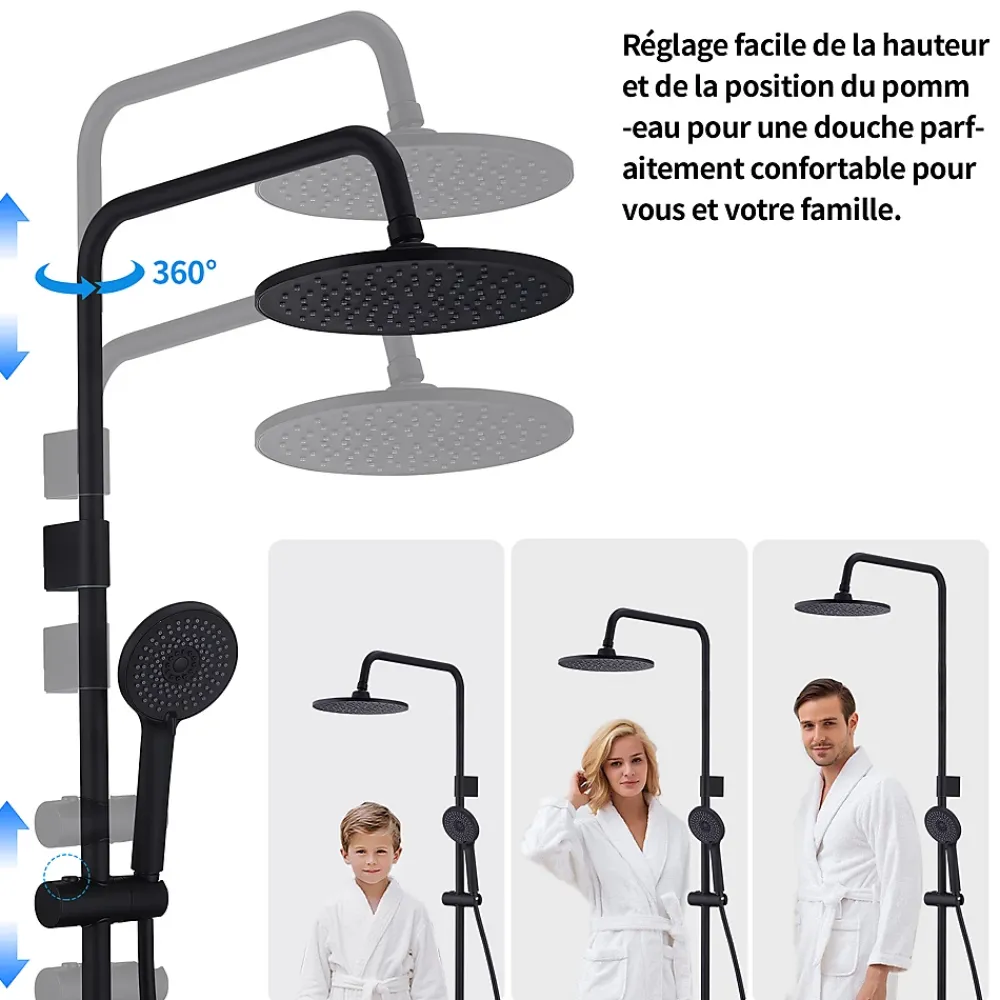 Homelody Colonne de Douche Mecanique avec Mitigeur 2 Fonctions Jet Pluie Douchette a Main Hauteur Reglable 839 a 1164 mm Inox Noir