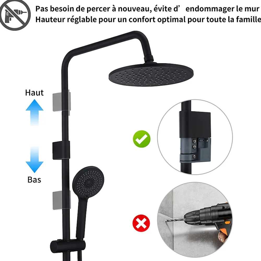 Homelody Colonne de Douche Mecanique avec Mitigeur 2 Fonctions Jet Pluie Douchette a Main Hauteur Reglable 839 a 1164 mm Inox Noir