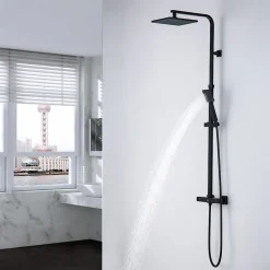 Colonne De Douche Thermostatique|Auralum Max Colonne de Douche Noir avec Mitigeur Thermostatique 2 Fonctions Ensemble de Douche Noir en Laiton, Haute Réglable 110-137 cm