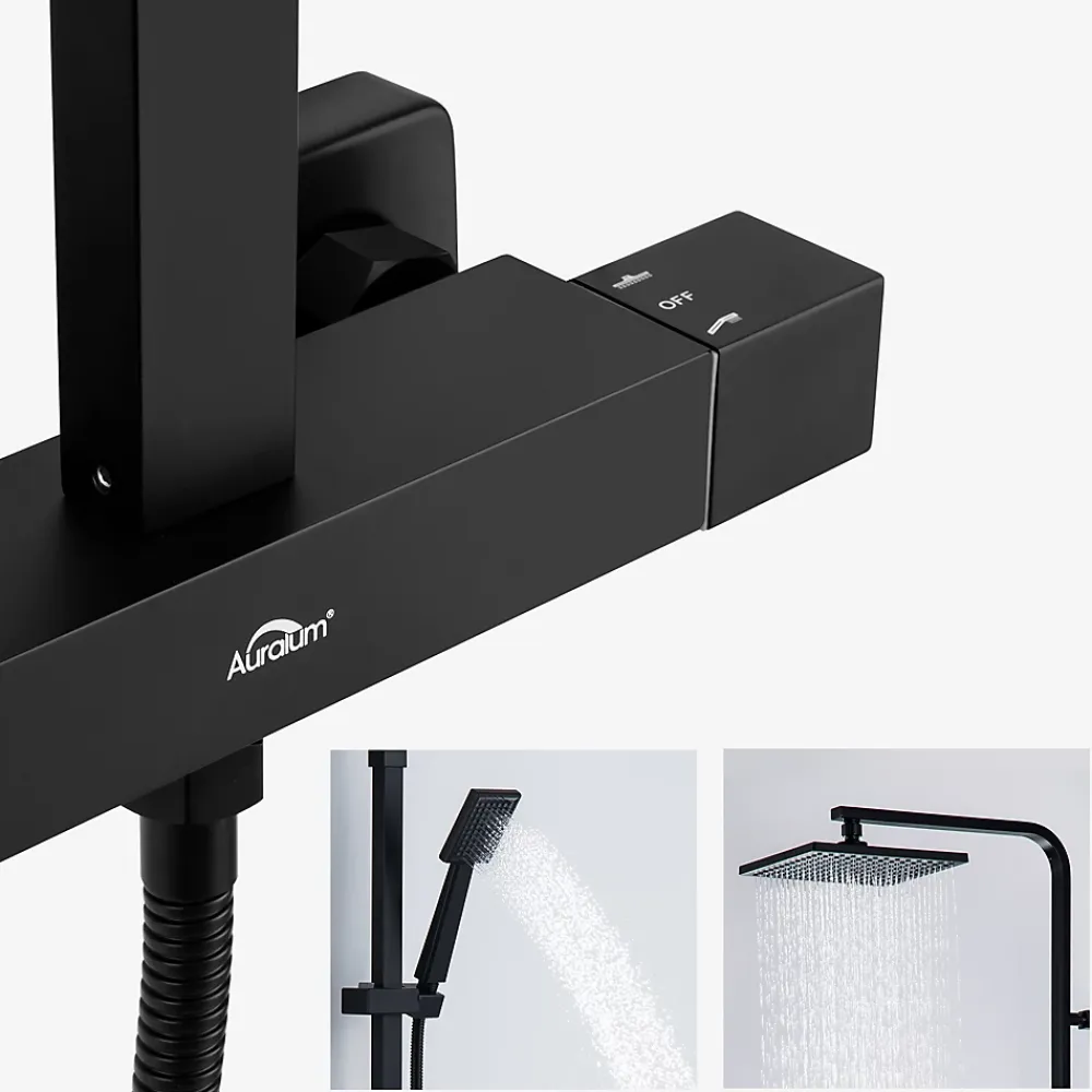 Colonne De Douche Thermostatique|Auralum Max Colonne de Douche Noir avec Mitigeur Thermostatique 2 Fonctions Ensemble de Douche Noir en Laiton, Haute Réglable 110-137 cm