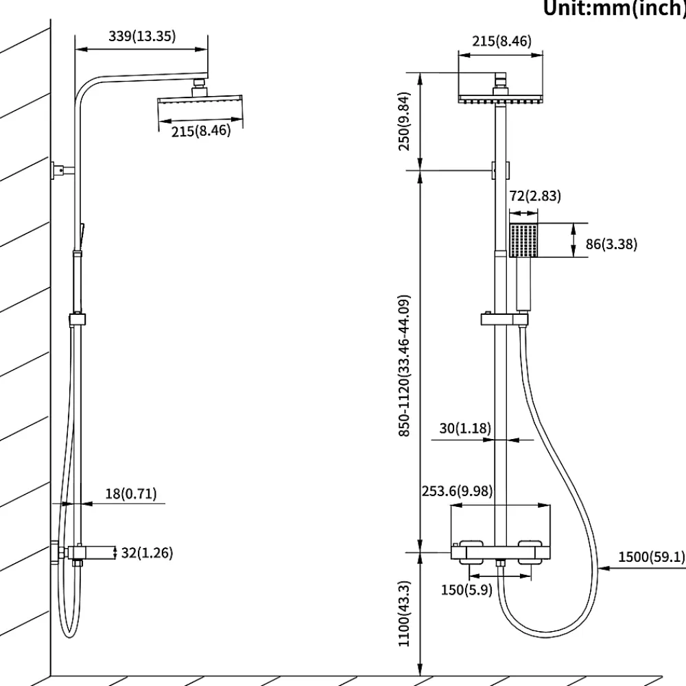 Colonne De Douche Thermostatique|Auralum Max Colonne de Douche Noir avec Mitigeur Thermostatique 2 Fonctions Ensemble de Douche Noir en Laiton, Haute Réglable 110-137 cm