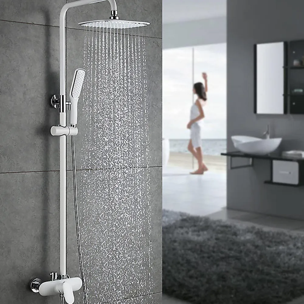 Colonne De Douche Mécanique|Homelody Colonne de Douche Peinture Blanc Ensemble de Douche Hauteur Réglable avec Mitigeur Mécanique Moderne pour Salle de Bain
