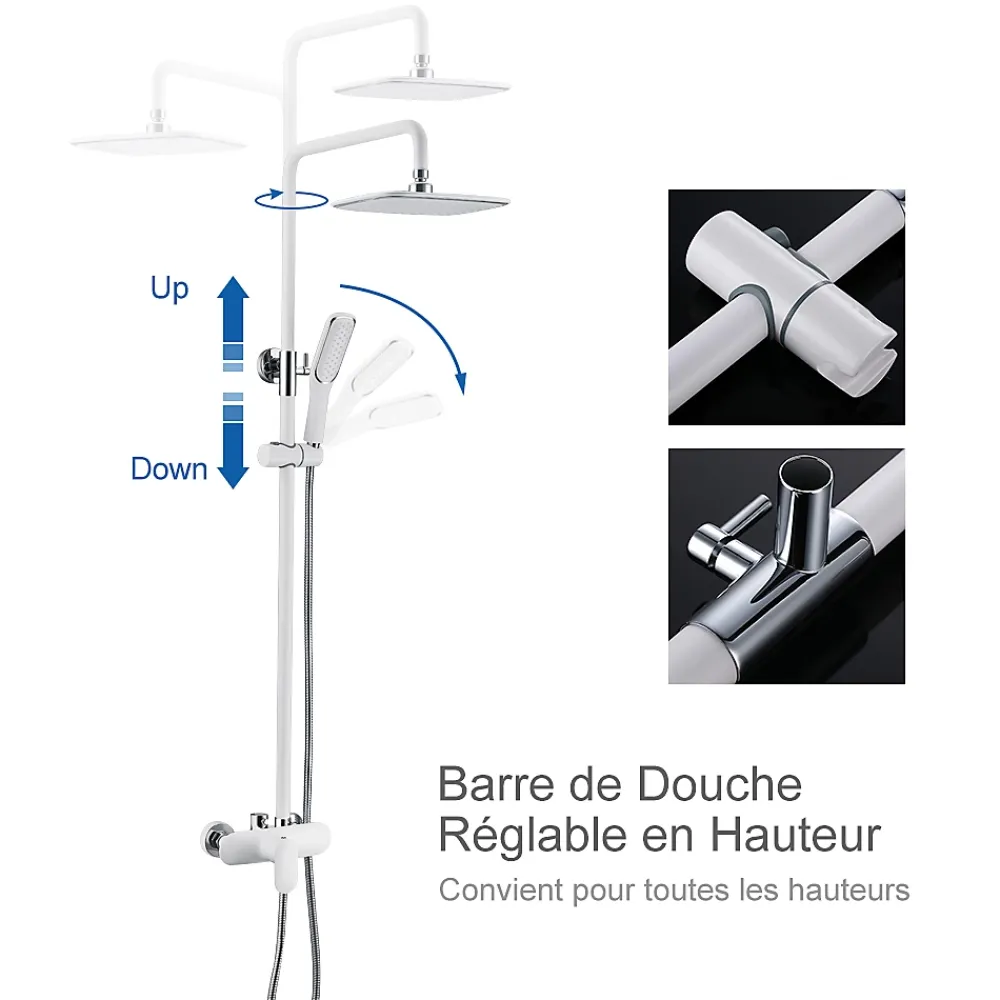 Colonne De Douche Mécanique|Homelody Colonne de Douche Peinture Blanc Ensemble de Douche Hauteur Réglable avec Mitigeur Mécanique Moderne pour Salle de Bain
