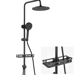 Colonne De Douche Thermostatique|Auralum Max Colonne de Douche, Réglable Hauteur avec Étagère Douche Set kit Douche sans Robinet avec Pommeau Douche Rond 25cm,Noir