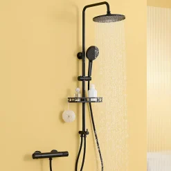 Colonne De Douche Thermostatique|Auralum Max Colonne de Douche, Réglable Hauteur avec Étagère Douche Set kit Douche sans Robinet avec Pommeau Douche Rond 25cm,Noir