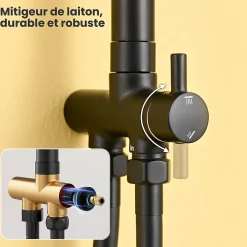Colonne De Douche Thermostatique|Auralum Max Colonne de Douche, Réglable Hauteur avec Étagère Douche Set kit Douche sans Robinet avec Pommeau Douche Rond 25cm,Noir