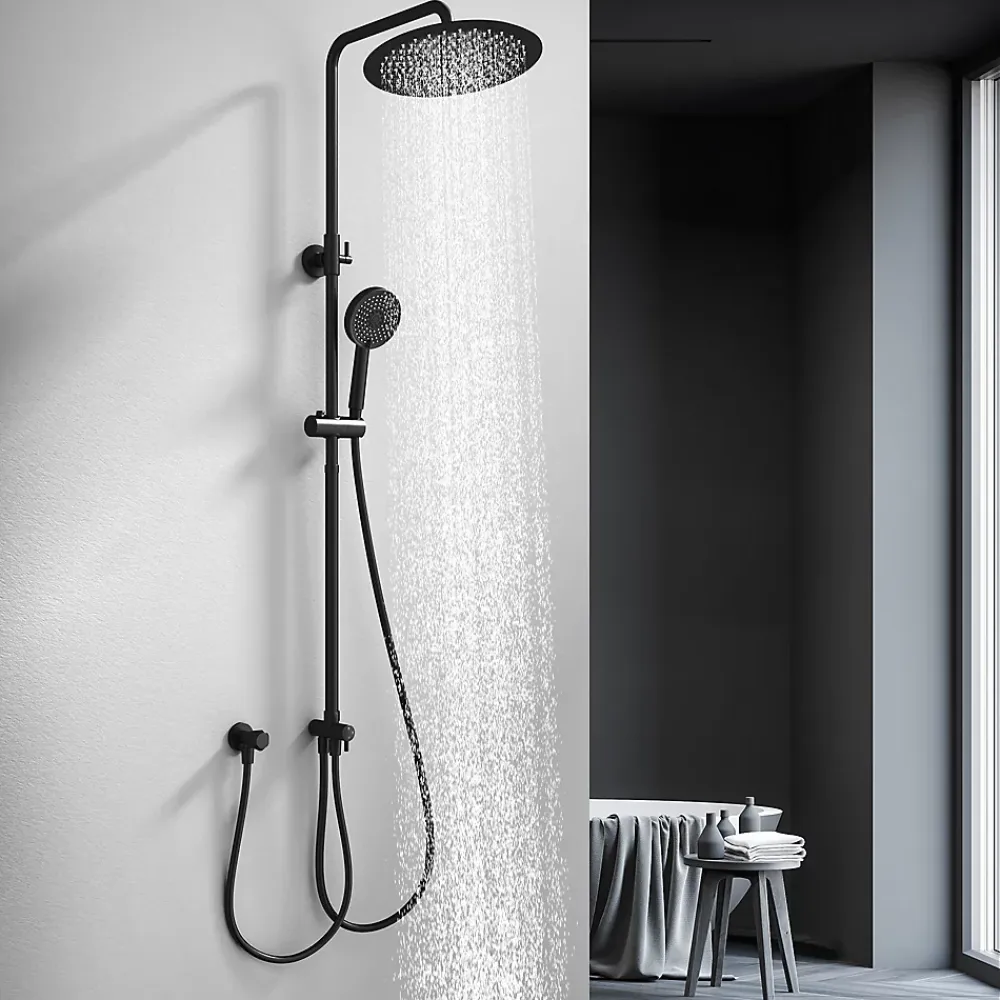 Homelody Colonne de Douche Sans Mitigeur Systeme de Douche Effet Pluie Douchette 3 Fonctions Hauteur Reglable 500 a 1220 mm Inox Noir